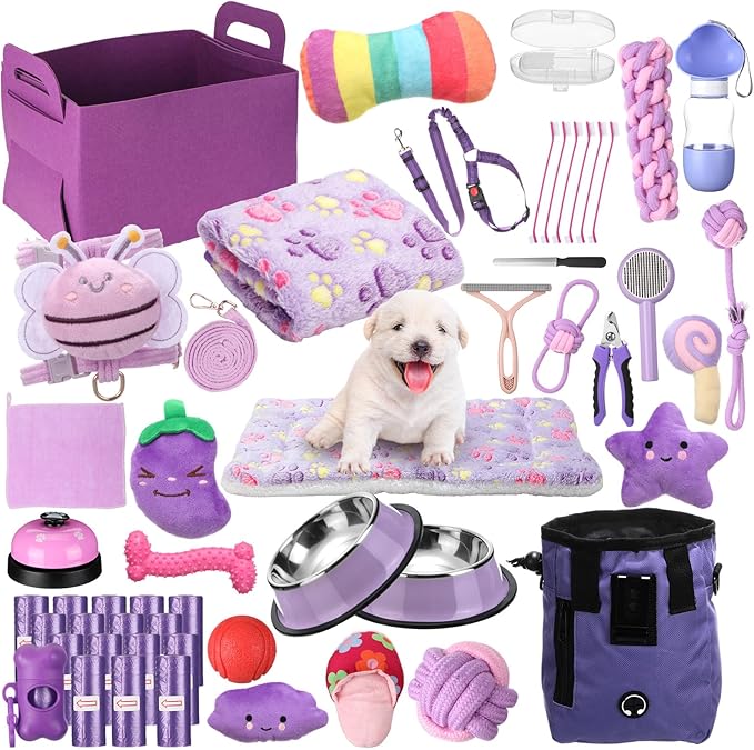 Abbylike 50 Pcs Puppy Supplies Starter Kit for Small Dogs Puppy Essentials Includes Leash, Bowls, Teeth Brushes, Water Bottle, and More Accessories for Dogs Christmas Welcome Gift(Purple)