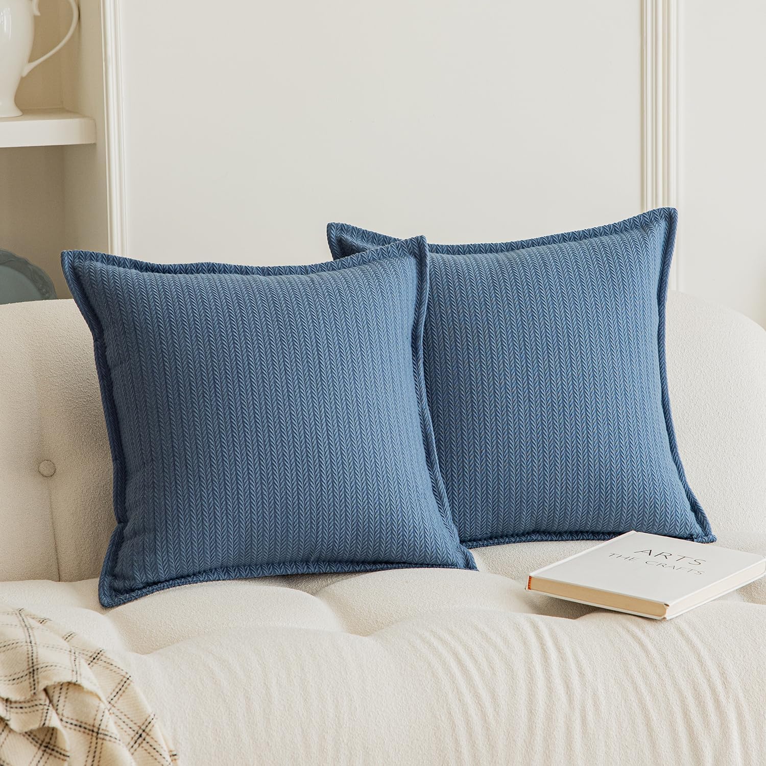 Set of 2 Herringbone Patterned Flange Throw Pillow Covers for Couch and Bed - 20"x20", Steel Blue