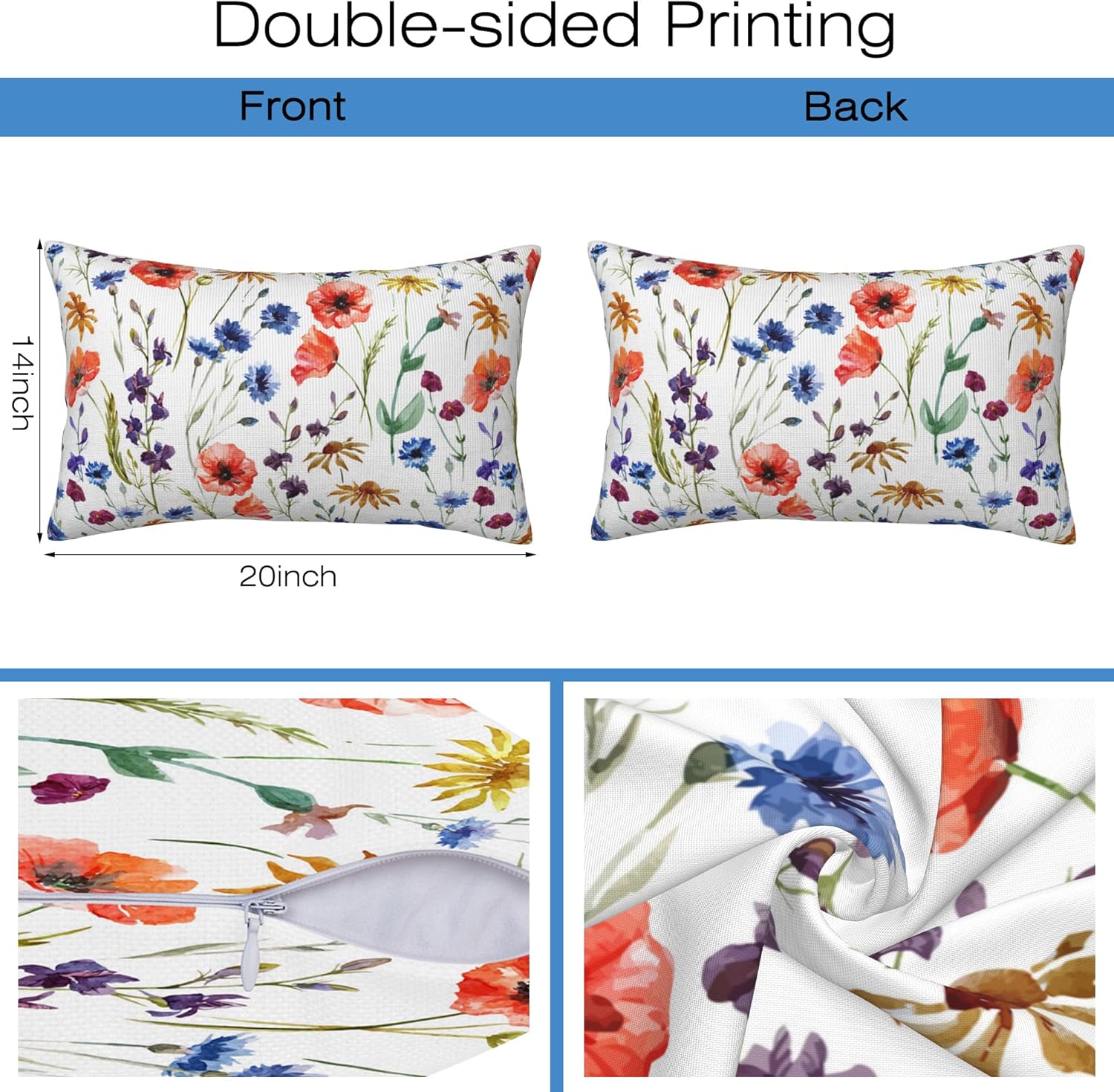 Wildflowers Throw Pillow Covers Set of 2 Watercolor Poppy Pillow Covers 20x12 Inch Modern Farmhouse Home Decorative Pillow Cases Cushion Cover for Sofa Living Room Office