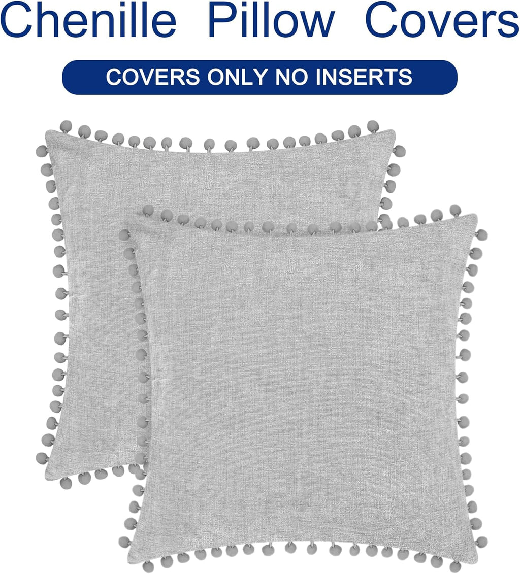 CaliTime Throw Pillow Covers Decorative 16 X 16 Inches Pack of 2 Cozy Solid Dyed Soft Chenille Cushion Cases with Pom Poms for Couch Sofa Bed Living Room Home Moonbeam Gray