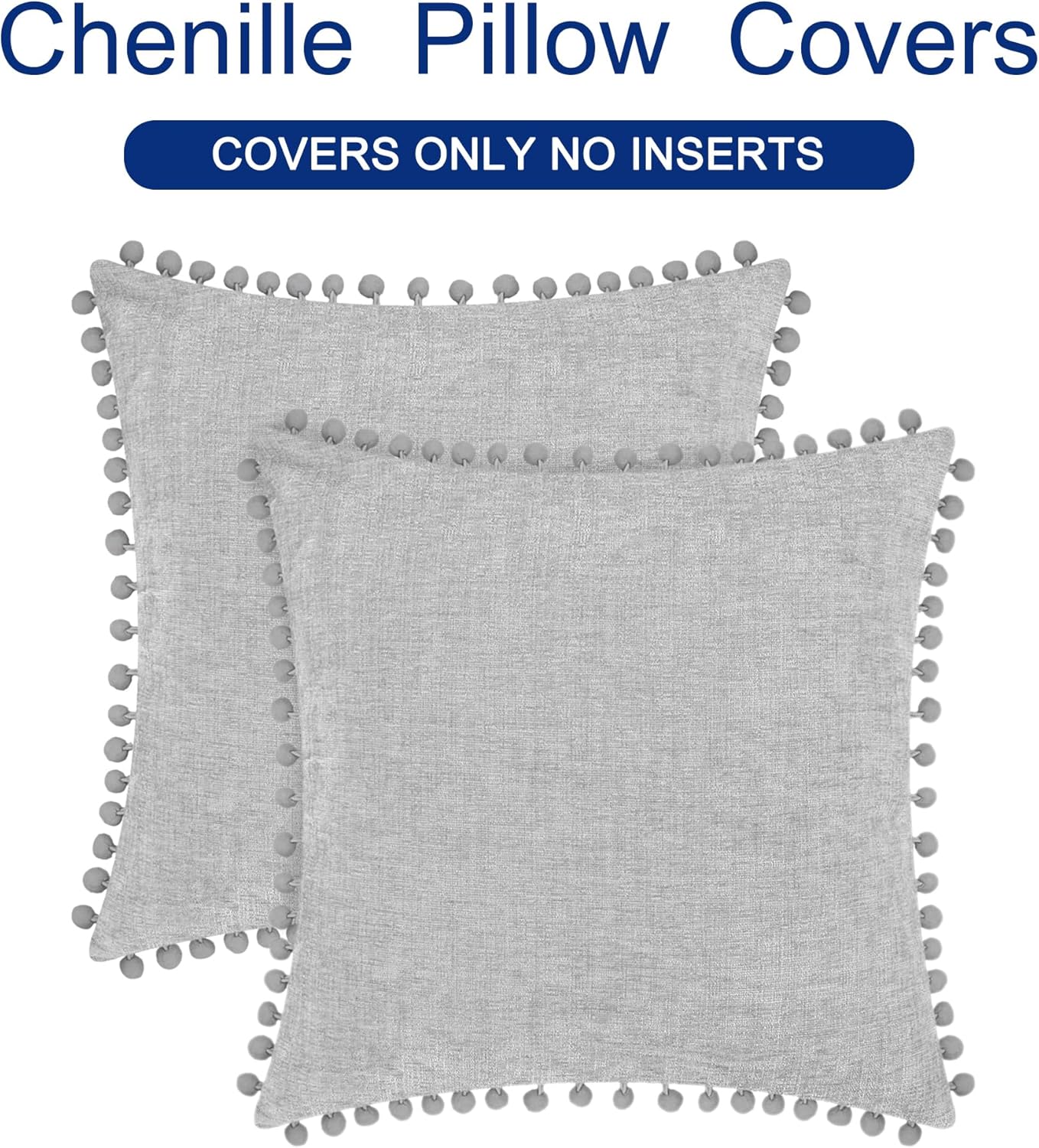 CaliTime Throw Pillow Covers Decorative 16 X 16 Inches Pack of 2 Cozy Solid Dyed Soft Chenille Cushion Cases with Pom Poms for Couch Sofa Bed Living Room Home Moonbeam Gray