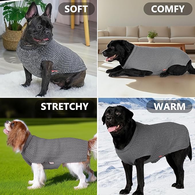 KYEESE Dog Sweater with Leash Hole Comfy Pullover Sweater Medium Size Male with Reflective Yarn Warm Pet Coats Stretchy Cozy Lightweight Thick Knitwear Dog Clothes,Grey, X-Large