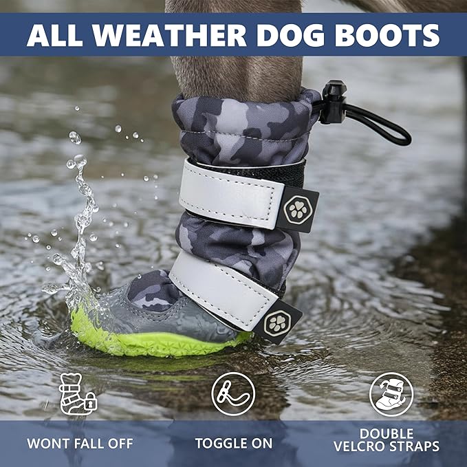 Spark Paws Dog Shoes, Waterproof Dog Boots for Medium to Large Dogs, Non Slip, Breathable Dog Booties and Paw Protectors - 4PCS Doggie Hiking Boots with Reflective Straps, Gray Camo, Size 3