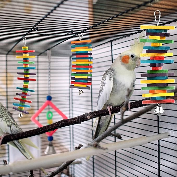 4 Pcs Bird Parrot Toys with Multicolored Natural Wood Blocks, Bird Chew Toys for Large Medium Parrots Macaws Lovebirds Doves Cockatiels Conures Parakeets Chewing Biting Foraging, 2 Designs