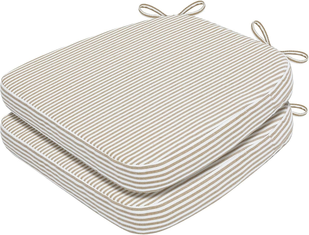 AAAAAcessories D-Shaped Chair Cushions, 2" Thick Dining Chair Pads with Ties and Removable, Machine-Washable Cover, 17" x 16", Set of 2, Natural Sand Pinstripe