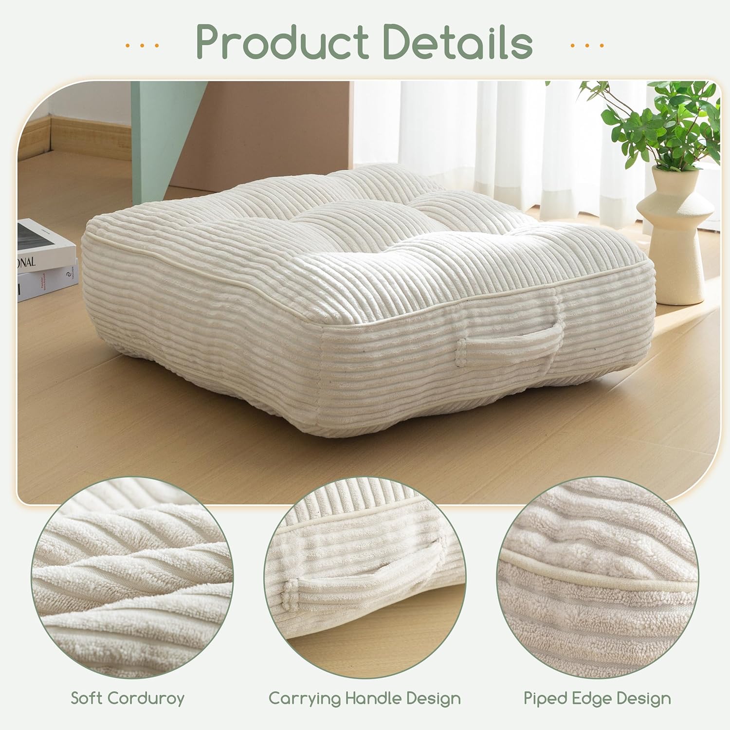 6" Washable Floor Pillow Cushion for Adults, Meditation Cushion Pillow, Large Square Floor Sitting, Removable Tufted Corduroy Cover, for Tatami Living Room or Yoga, 22x22 Inch, Machine Washable