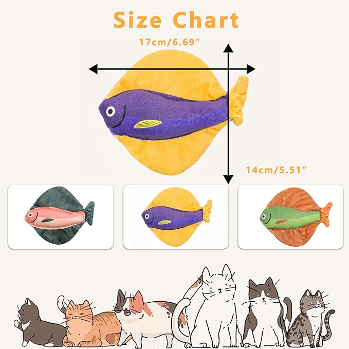 Soft Catnip Toys Fish, 3 Pack Crinkle Sound Cat Toys, Interesting Indoor Cat Kicker Toys, Durable and Highly Interactive Catnip Toys (Flatfish)