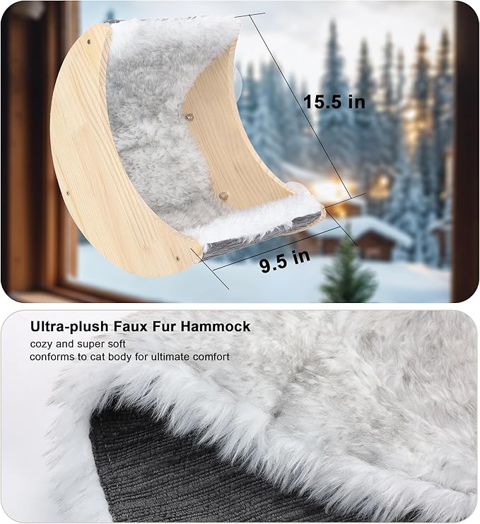 Window Cat Beds with Ultra Plush Hammock, Moon Shelves Mounted with Strong Suction Cups, Cat Window Seat for Overlooking and Sunbathing(Faux Wool Fur)