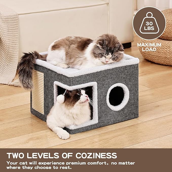 Cat Beds for Indoor Cats, Large Cat Cave with Fluffy Ball and Scratch Pad, Foldable Cat Scratch House with Hideaway Condo for Kitten,16x16x13inch,Grey