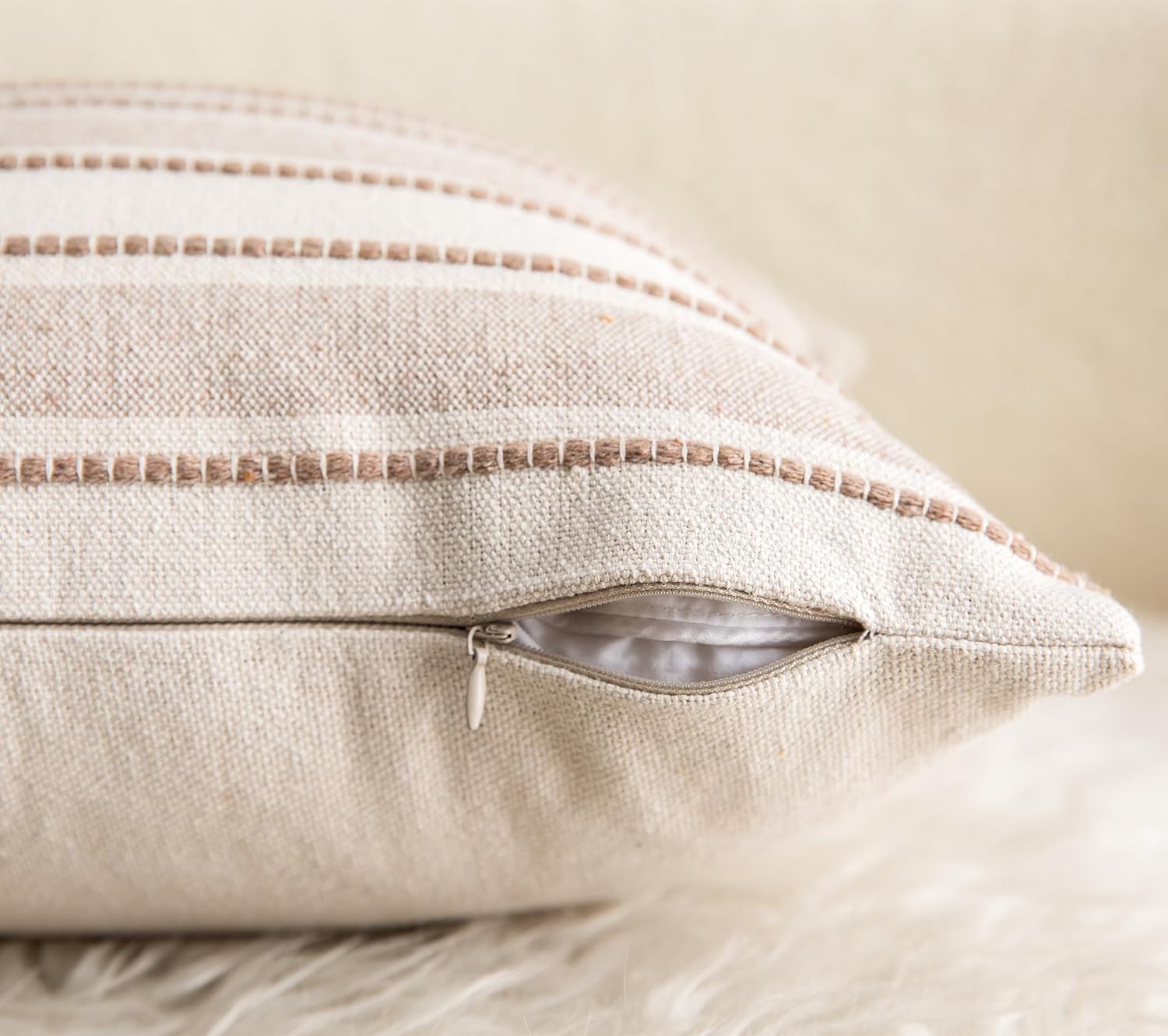 Decorative Boho Throw Pillow Covers, Farmhouse Textured Pillow Case, 20 x 20 Inch Set of 2, Chair Sofa Bedroom Living Room Home Decor Couch Cushion Case, Taupe and Beige Striped