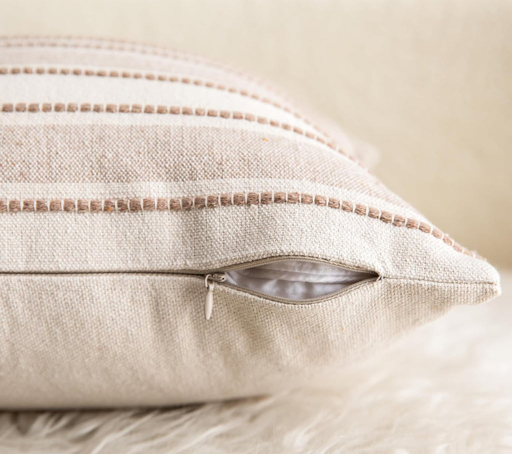 Decorative Boho Throw Pillow Covers, Farmhouse Textured Pillow Case, 18 x 18 Inch Set of 2, Chair Sofa Bedroom Living Room Home Decor Couch Cushion Case, Taupe and Beige Striped