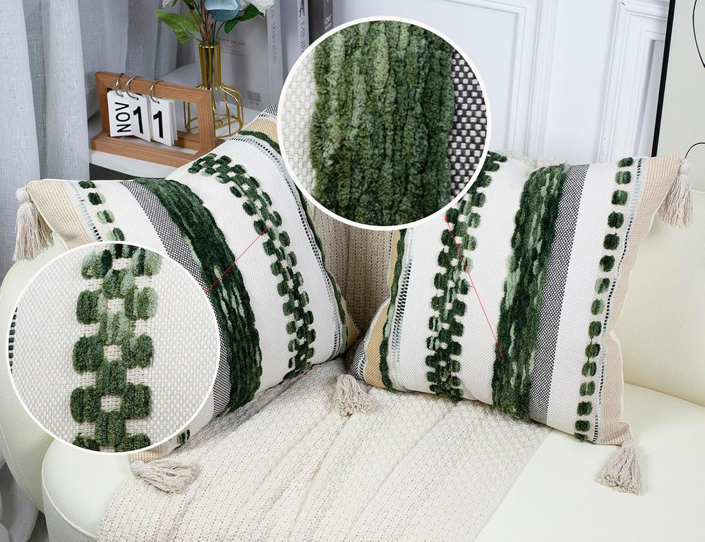 PANOD Chenille Farmhouse Throw Pillow Covers 16 x 16 Dark Green, Neutral Boucle Couch Pillow Cover, Striped Decorative Boho Coushion Cover Pillow Case for Couch Bed Sofa Bedroom,Modern Accent,Set of 2