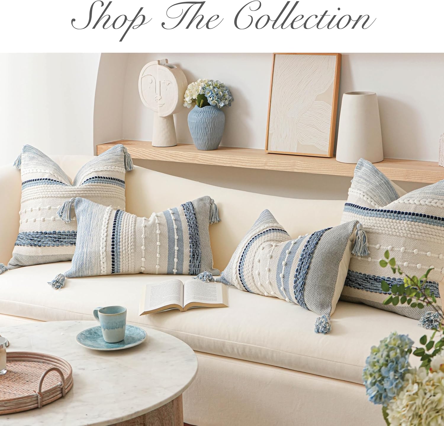 BlissBlush Decorative Lumbar Throw Pillow Cover 14x24 Boho Coastal Blue Accent Cushion for Couch Sofa Farmhouse Pillowcase for Bedroom Living Room Home Décor Cover ONLY