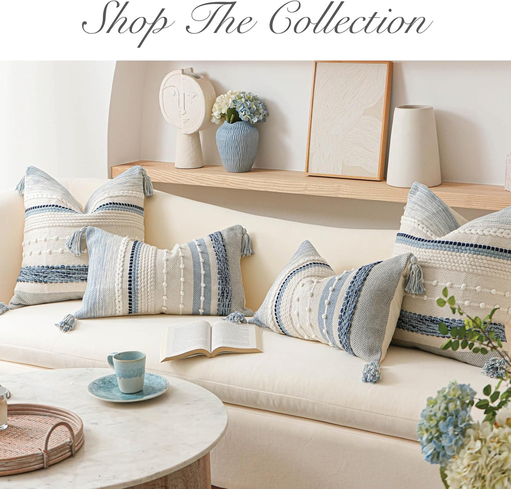 BlissBlush Coastal Blue Decorative Lumbar Pillow Cover 14x36 Boho Long Body Pillow for Bed Farmhouse Lumbar Throw Pillow for Couch Modern Accent Textured Throw Pillowcase