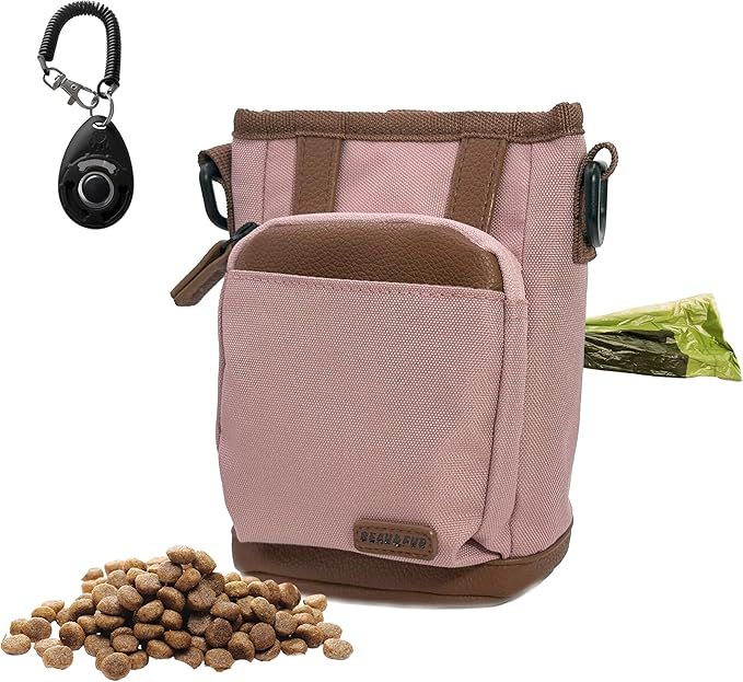 BEAU&FUR Small Dog Treat Pouch with Clicker for Training – 2 Cup Capacity, Built-In Poop Bag Dispenser, Storage for Snacks and Toys - Hands-Free Pouch Snack Holder for Walking and Training – Pink