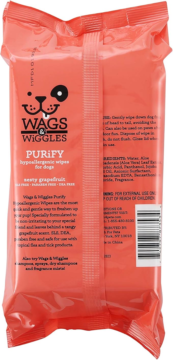 Wags & Wiggles Purify Hypoallergenic Wipes for Dogs, Zesty Grapefruit Scent - Scented Dog Wipes Gently Clean & Condition Your Dog's Coat Without A Bath, 100 Count - 12 Pack