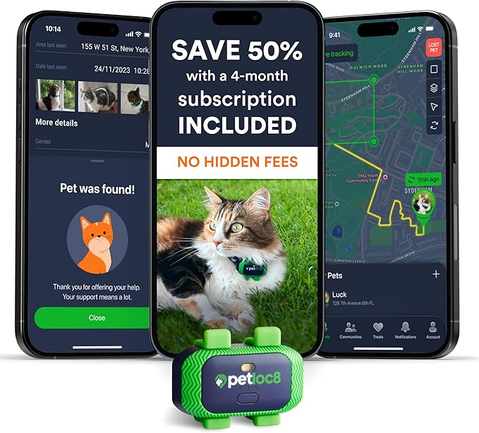 Cat GPS Tracker – Smallest Waterproof Pet Tracking Device with App, Real-Time Location, Smart Alerts & Geo-Fence, Long-Life Battery, Collar-Compatible – iOS & Android (4-Mo Subscription Included)