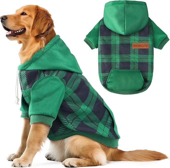 Dog Basic Hoodie Ultra-Soft Plaid Dog Clothes Cold Weather Sweaters for Medium Large Dogs Breathable Cozy Fabric Pet Coat Warm Stylish Sweatshirt with Leash Hole Pocket Dogs Jacket for Cats Boys Girls