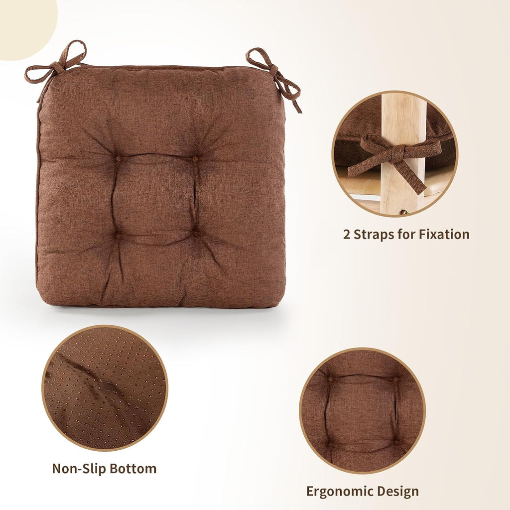 Chair Cushions for Dining Chairs, Tufted Foam Kitchen Chair, Non-Slip Seat Cushions with Ties Set of 4, 15.5" x 15.5" x 4", Brown