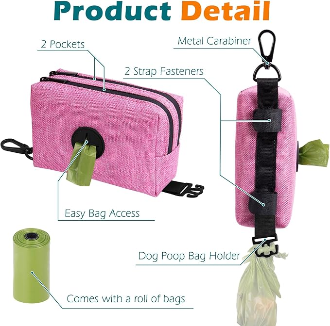 PetBonus Dog Poop Bag Holder, Portable Pet Waste Bag Dispenser, 2 Pouches for Treats and Walking Accessories, Fit All Leashes, Includes 1 Roll of Dog Poop Bags (Pink)