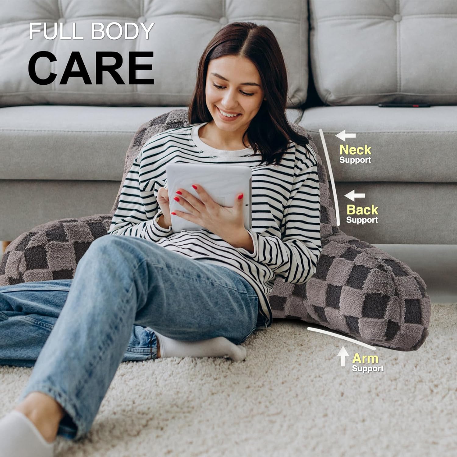 Aimuan Checkered Reading Pillow Bed Rest Wedge Backrest Checkerboard Pillow with Arms Back Support for Sitting Up in Bed Cushion Incline Rest Sleeping Snoring Pillow (Dark Grey,Standard)