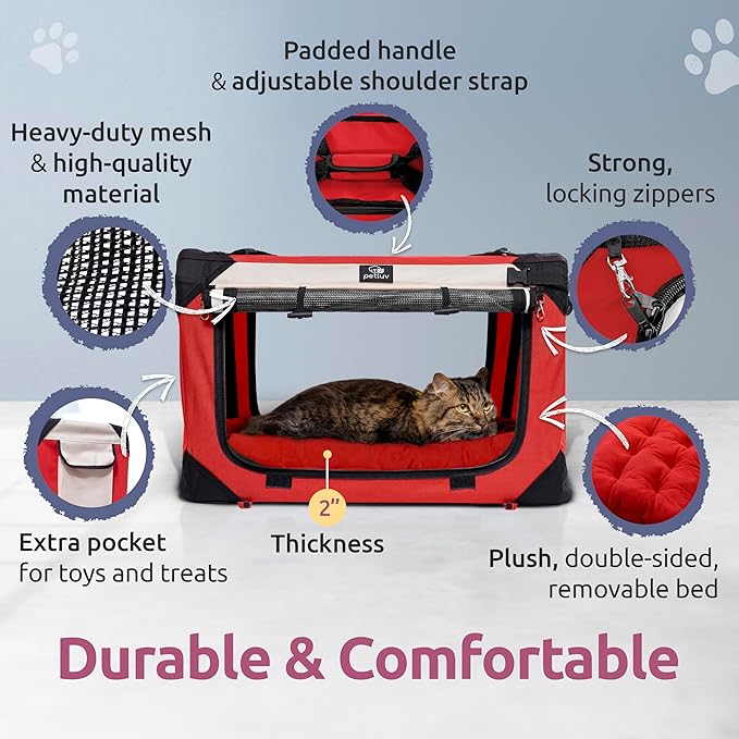 Medium Cat & Dog Carrier for Most Cats or Small Dogs, Soft-Sided, Collapsible with Locking Zippers, Portable Travel Bag with Soft Bed, Red