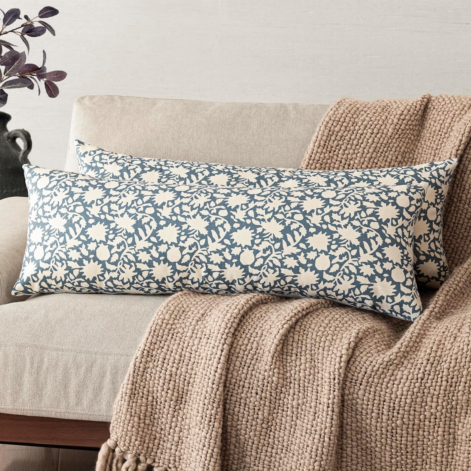Foindtower Set of 2 Decorative Long Body Lumbar Throw Pillow Covers Accent Farmhouse Cushion Cover Neutral Floral Pillowcase for Couch Sofa Bedroom Living Room Home Decor,14×36 Inch,Dusty Blue