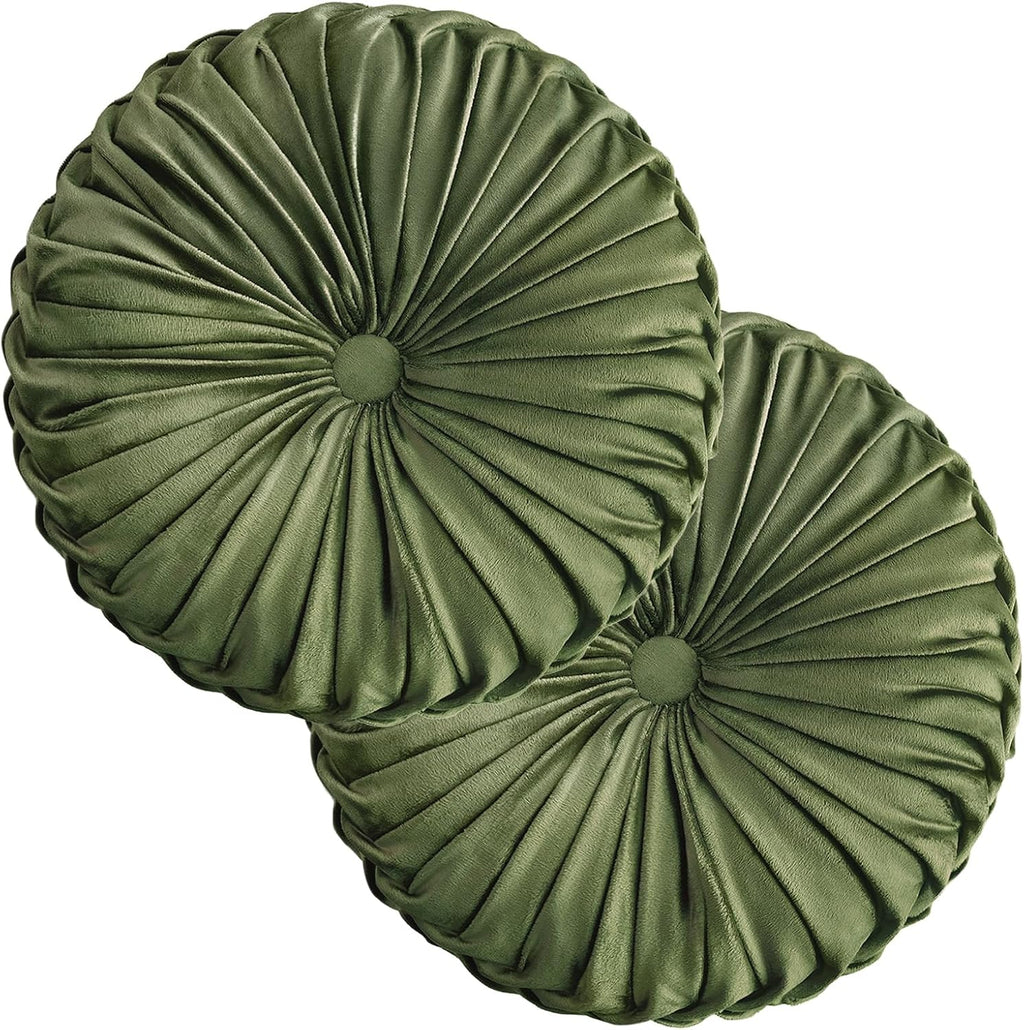 2 Pcs Round Throw Pillows Decorative Pumpkin Velvet Boho Pleated Bed Pillows Back Support for Couch Chair Dorm Car 14.96'' (Olive)