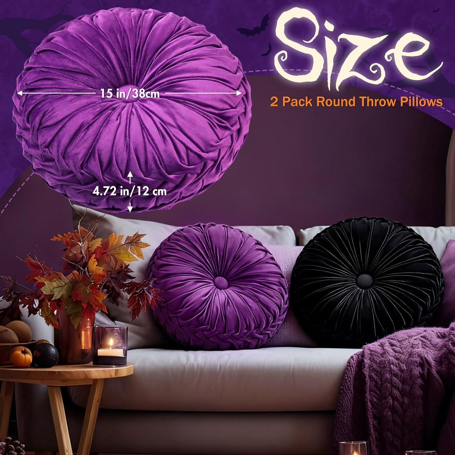 2 Pcs Round Throw Pillows 15 Inch Decorative Velvet Pleated Pumpkin Floor Boho Pillows for Living Room Couch Chair Bed Sofa (Black and Purple)