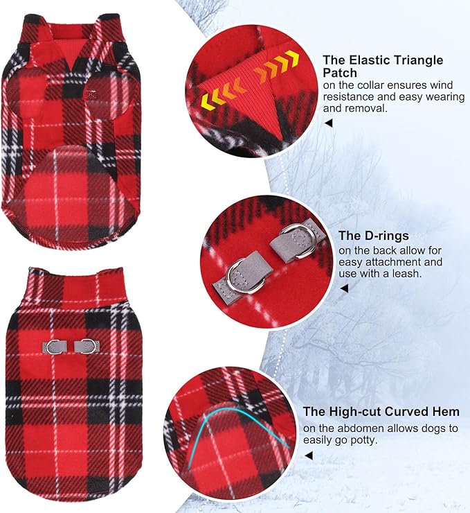 BEAUTYZOO Dog Fleece Vest Sweater Winter Jacket for Small and Medium Dogs with D-Ring Leash Cold Weather Coat Hoodie for XS S M Dogs Boy or Girls, Red Buffalo S