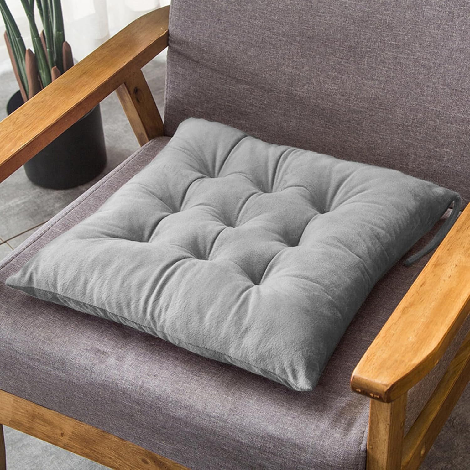 Set of 4 Square Chair Pads Indoor Seat Cushions Pillows with Ties Soft Comfortable Non Slip Chair Mat for Kitchen Dining Office Desk Living Room Outdoor Tatami 15.5" - Gray