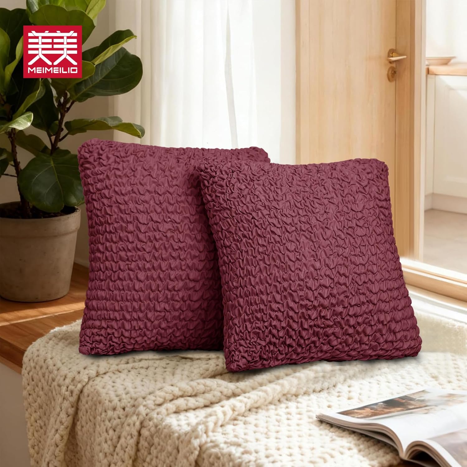 Throw Pillow Covers 18x18 Inch Solid Stretch Flexible Size Decorative Pillow Covers 20x20 Inch with Hidden Zipper Farmhouse Square Cushion Case for Couch Sofa Bed (Pack of 1, Burgundy)
