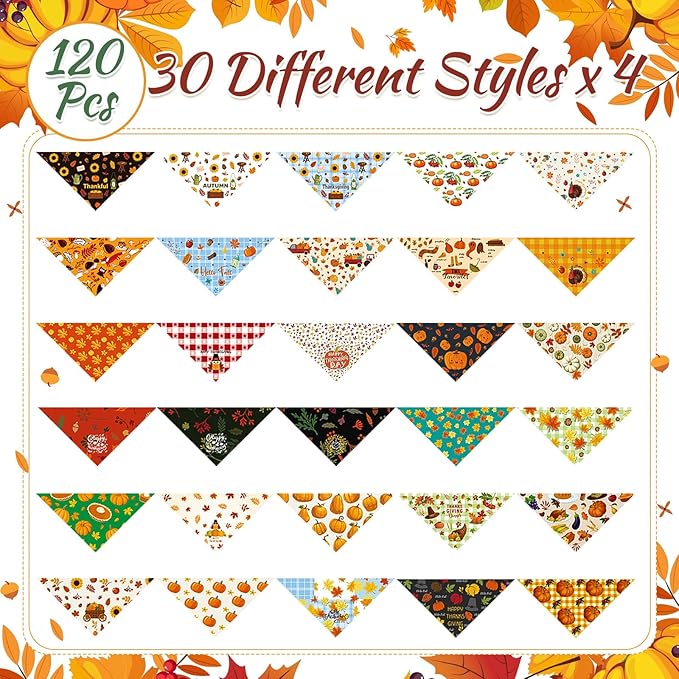 Sanwuta 120 Pcs Fall Dog Bandanas Bulk Pumpkin Maple Leaves Scarfs Autumn Thanksgiving Dog Pet Bibs Adjustable Triangle Kerchief Costume Accessories for Small Medium Large Pets Grooming Supplies