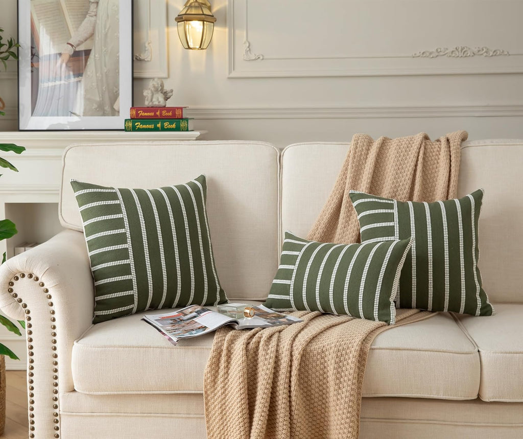 Caflife Boho Throw Pillow Covers 12x20 Set of 2 Soft Farmhouse Decorative Couch Pillow Cases Green Striped Pillow Covers Neutral Cushion Covers for Sofa Bed Living Room Home Decor