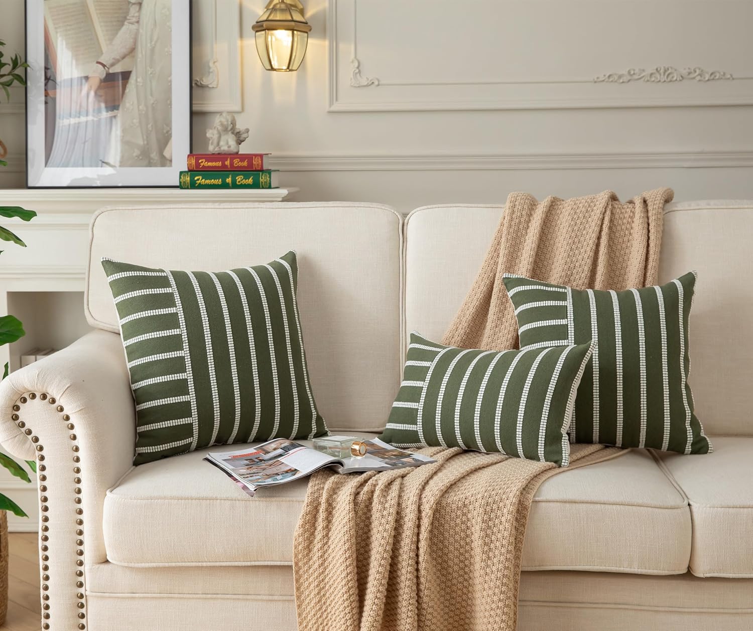 Caflife Boho Throw Pillow Covers 12x20 Set of 2 Soft Farmhouse Decorative Couch Pillow Cases Green Striped Pillow Covers Neutral Cushion Covers for Sofa Bed Living Room Home Decor