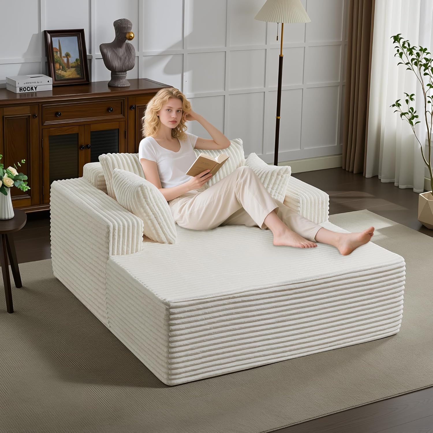 61" Oversized Chaise Lounge Chair Indoor, Boneless Couch Cloud Fluffy Chaise Lounges Corduroy Upholstered Sofa Bed w/Throw Pillows for Living Room Home Beige