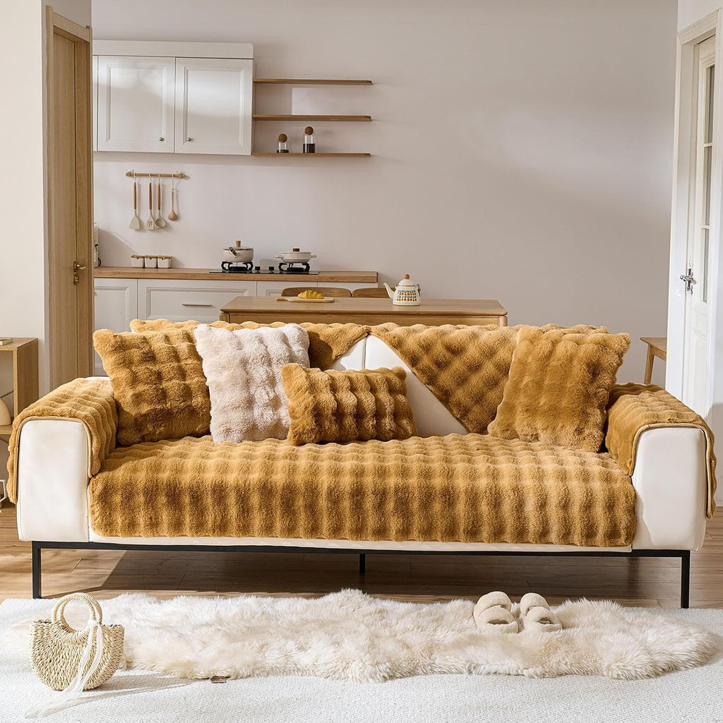 Faux Fur Decorative Throw Pillow Cover Plush Thick Bubble Pillow Covers Luxury Soft Cozy Accent Pillowcase for Spring Sofa Living Room Couch Bed (Brown Yellow,12"x20")