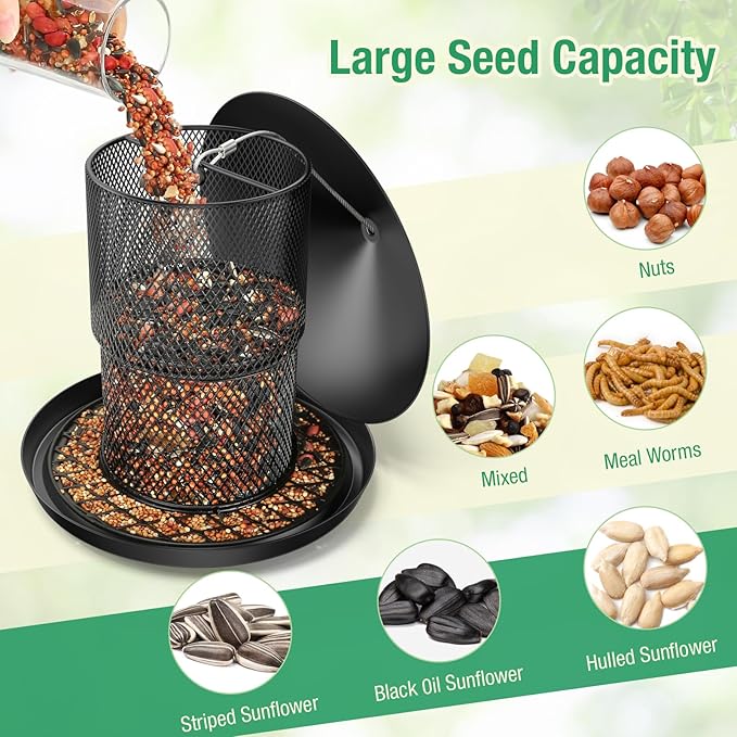 Bird Feeder for Outdoor Hanging, Mess Free Birdfeeder for Outdoor with Catch Tray, Heavy Duty Metal for Outside Hanging to Attracting Birds