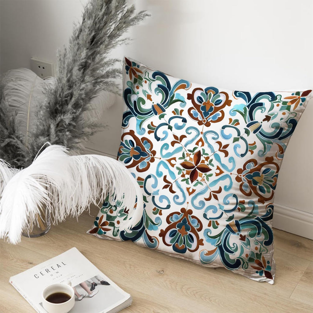 Vintage Boho Floral Print Throw Pillow Cover, Orange, Blue - Retro Rust Floral Decor Pillowcase, Indoor Outdoor Cushion Case for Sofa Couch Bed Living Room Bedroom Home (White&Blue, 18x18inch)