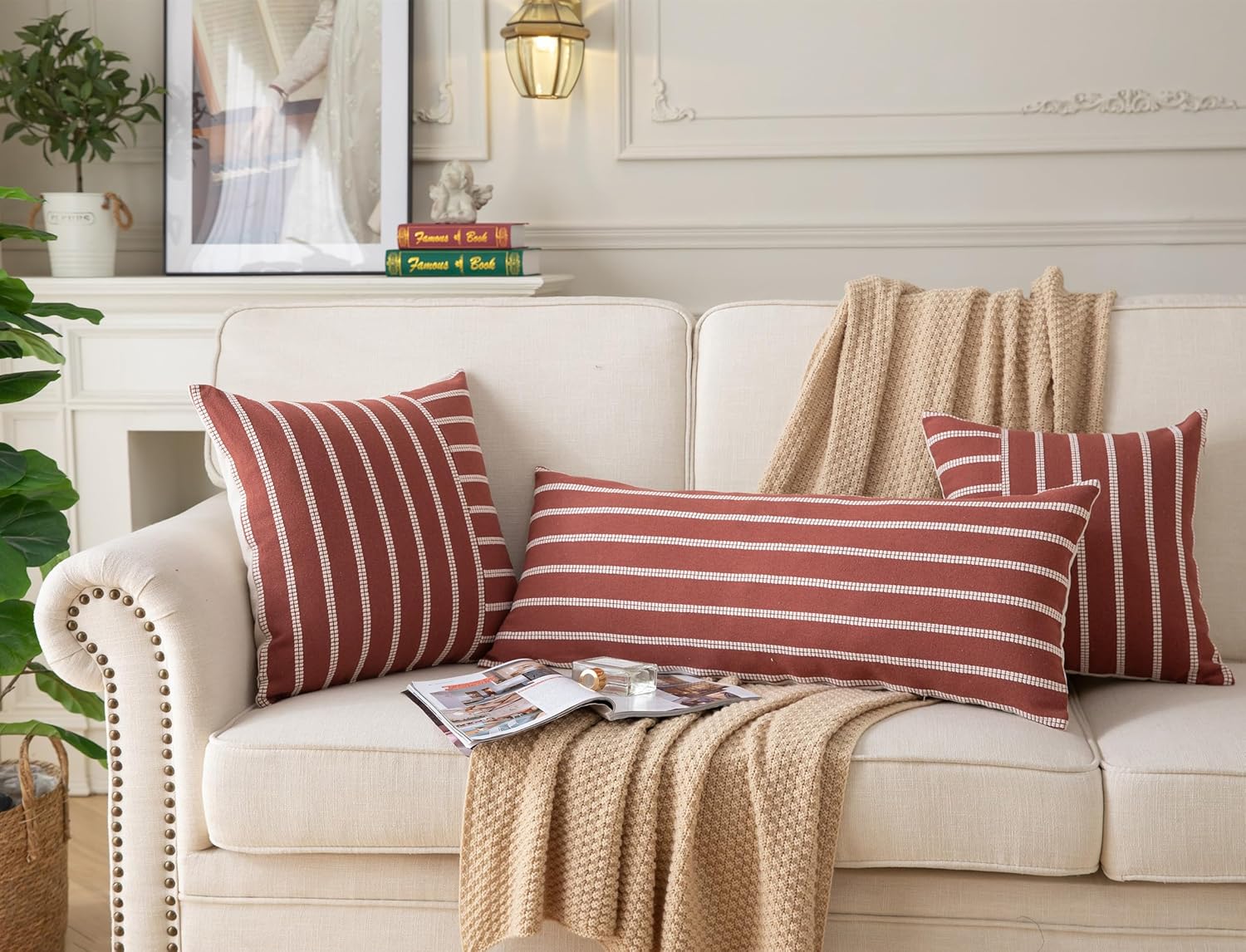 Caflife Boho Lumbar Throw Pillow Cover 14X36 Long Soft Farmhouse Decorative Couch Pillow Cases Rust Striped Body Pillow Covers Neutral Cushion Covers for Sofa Bed Living Room Home Decor Pack of 1