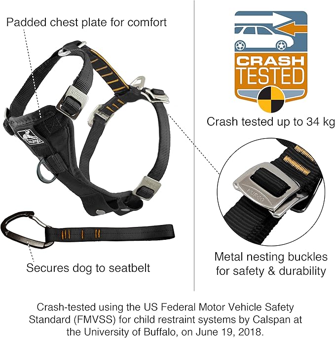Kurgo Enhanced Strength Tru-Fit Dog Car Harness - Pet Travel Safety Harness - Crash Test Certified Fit - Five Point Adjustment - Secure Buckle - Padded Chest - Black - X-Small
