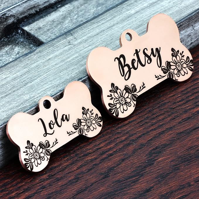 Ultra Joys Stainless Steel Pet ID Tag Dog Name Tags Personalized Front and Back Engraving, Customized Dog Tags and Cat Tag, Optional Engraved on Both Sides, Bone Tag Floral Design, Rose Large