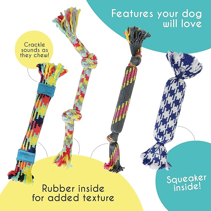 rocket & rex Dog Rope Tug Set for Small Breeds, Includes Ropes with Rubber Interiors, a Squeaker & Crackle Lining, Reduces Destructive Chewing & Anxiety (Pack of 4)