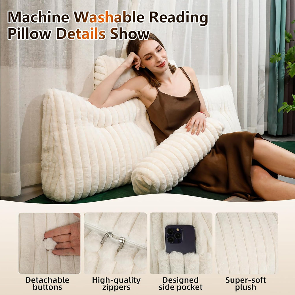 Faux Fur Headboard Pillow Twin Size, Triangular Wedge Backrest with Removable Head Roll & Side Pocket, 100% Linen Reading Pillow for Bed, Couch, Floor - Ergonomic Support for Neck, Back, Ivory