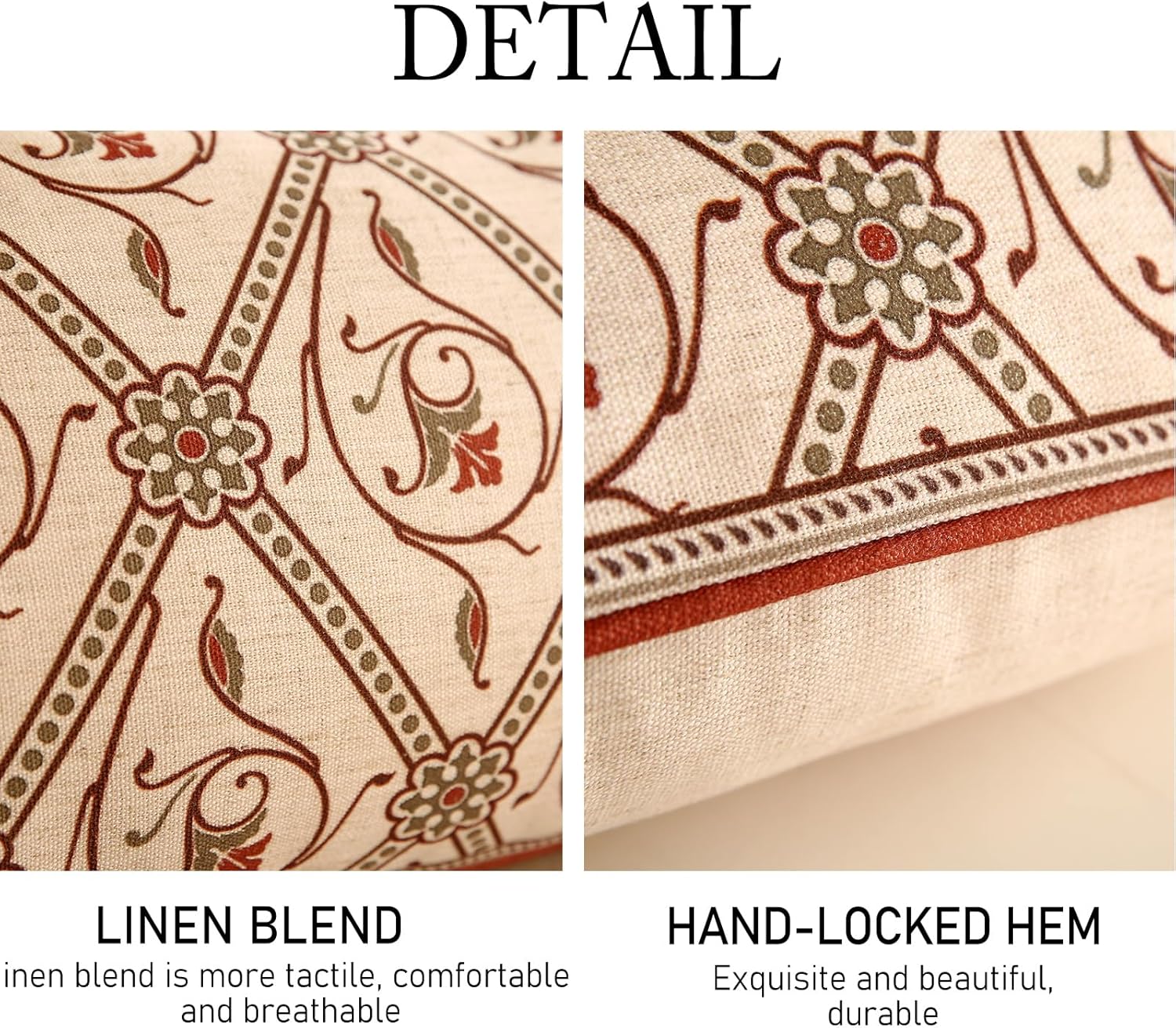 ISAENNE Design Linen Lumbar Vintage Throw Pillow Covers 12"x20",Red Euro Cushion Covers with Orange Floral Green Leaves Pattern Decor Pillowcases for Bed,Living Room,Outdoor,Car