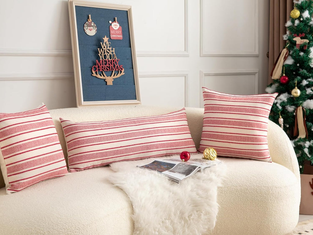 Christmas Lumbar Pillow Covers, Boho Textured Long Accent Pillow Case, Red Pillow Covers 14 x 36 Inch Christmas Decorative, Chair Sofa Bedroom Living Room Home Decor Cushion Case, Pack of 1