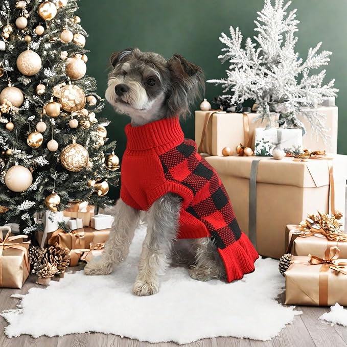 Dog Sweater Dress Plaid Knitwear for Small Medium Dogs Warm Puppy Pet Turtleneck Stretch Pullover Cute Fall Winter Vest Clothes with Leash Hole for Christmas (Red, S)
