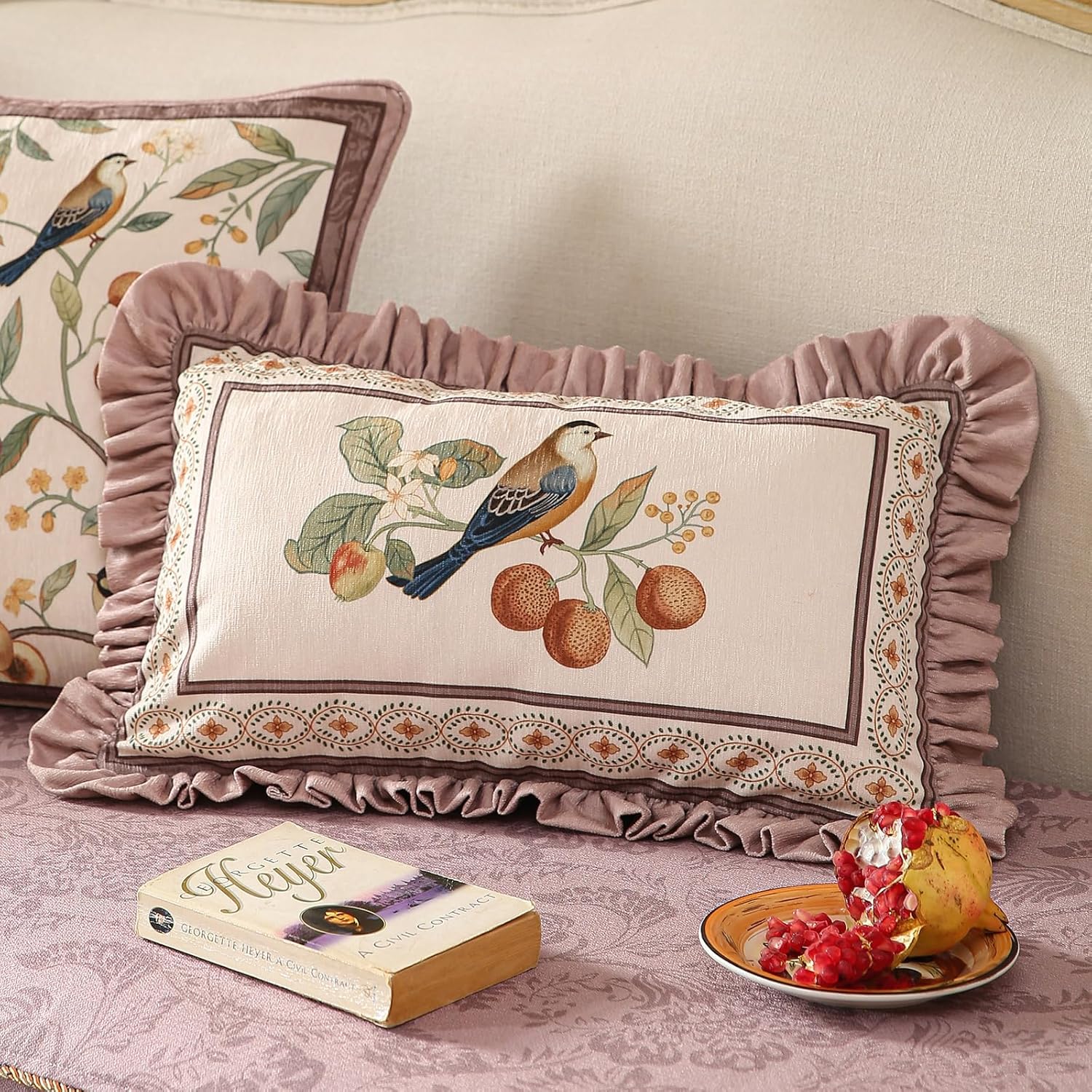 Pink Rectangle Farmhouse Throw Pillow Covers,Birds and Flowers Pattern Cozy Velvet Pillowcases,Decoration Lumbar Pillows Cushion Covers for Couch Sofa Bed Car Chair,12"x20"