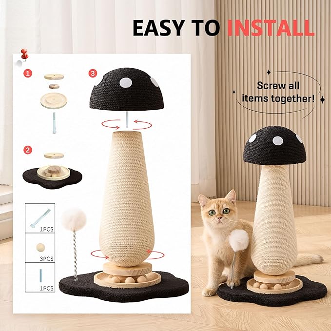 21.5‘’ H Cat Scratching Post with Catnip,Cute Mushroom Cat Scratcher Post with Durable Natural Solid Wood Turntable Toy, Solid Black Mushroom Shape Cat Toy Cat Sisal Scratcher for Indoor Cats