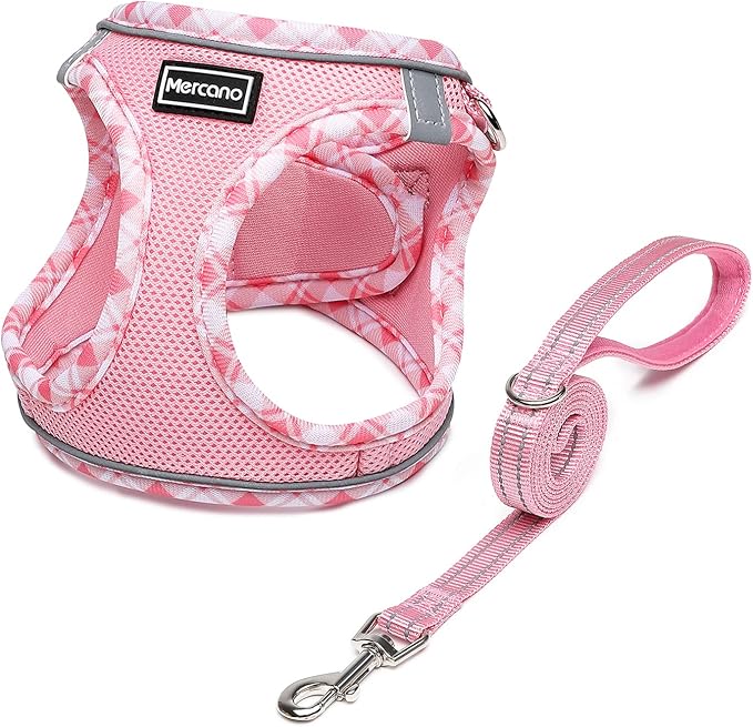 Mercano Soft Mesh Dog Harness and Leash Set, No-Chock Step-in Reflective Breathable Lightweight Easy Walk Vest Harnesses with Safety Buckle for Small Dogs, Cats (Pink, M)